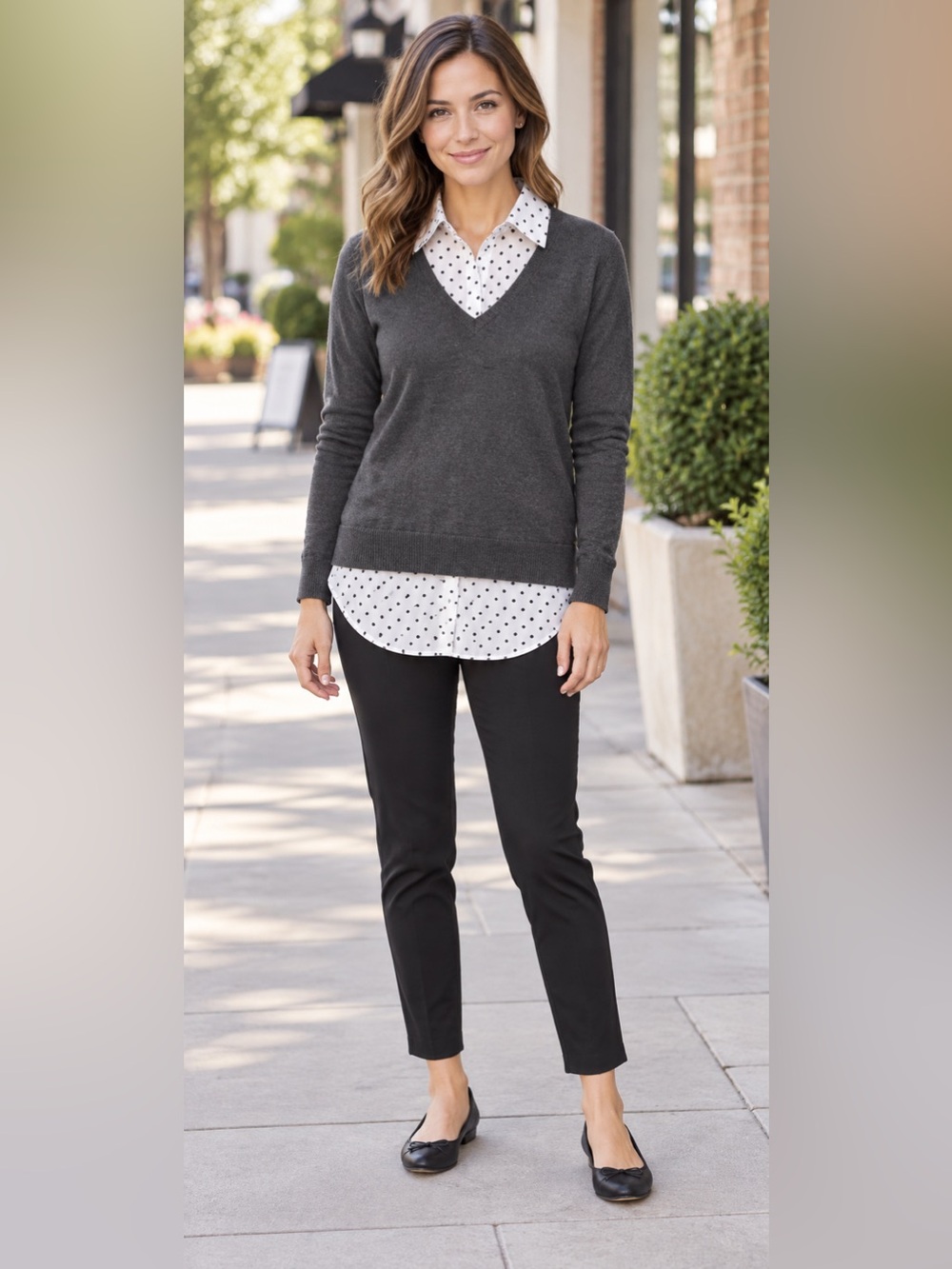 Croft & Barrow grey V-Neck Sweater with Polka Dot Undershirt size petite small